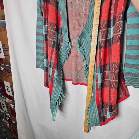 Matilda Jane Cardigan Sweater Fringe Hem Open Front Plaid Stripes Multicolor sz - Picture 7 of 10